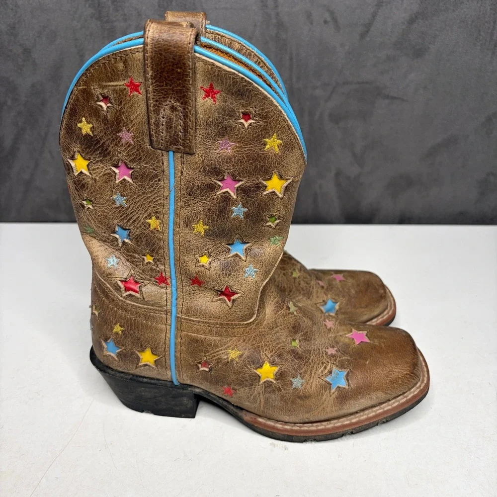 Dan Post Cowboy Boots Kids 13D Brown Multi Color Star Cutout Square Toe DPC2952